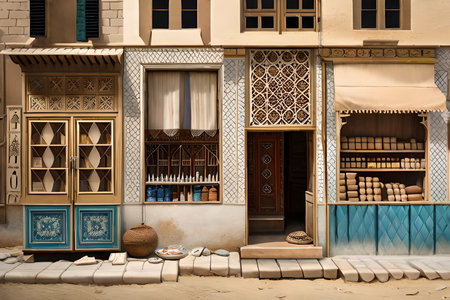 Traditional arabic store facade, wooden door and window with items on the street. middle east old town 2d level design conceptの素材