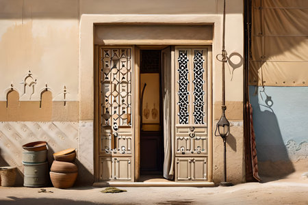 Traditional arabic store facade, wooden door and window with items on the street. middle east old town 2d level design conceptの素材