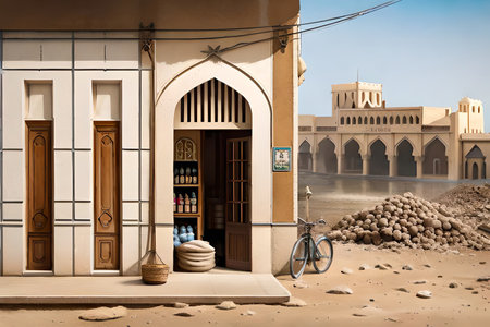 Traditional arabic store facade, wooden door and window with items on the street. middle east old town 2d level design conceptの素材