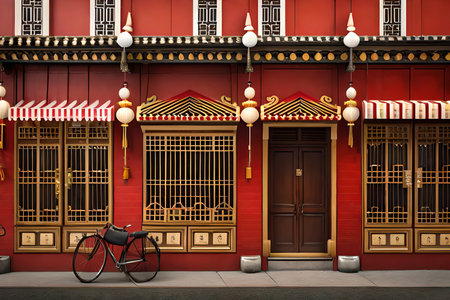 Chinese traditional style buildings and shops storefront facade. 2d game design conceptの素材