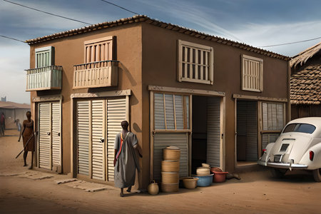african township street facades, stalls and shop in a poor african villageの素材