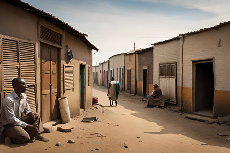 african township street facades, stalls and shop in a poor african villageの素材