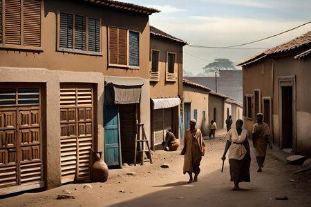 african township street facades, stalls and shop in a poor african villageの素材