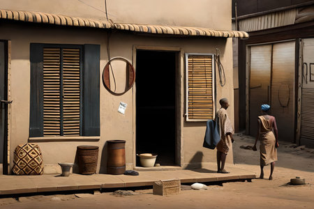 african township street facades, stalls and shop in a poor african villageの素材