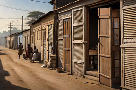 african township street facades, stalls and shop in a poor african villageの素材