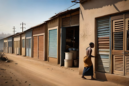 african township street facades, stalls and shop in a poor african villageの素材