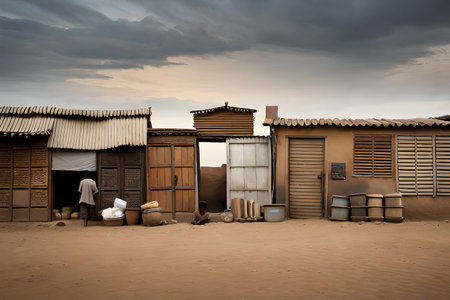 african township street facades, stalls and shop in a poor african villageの素材