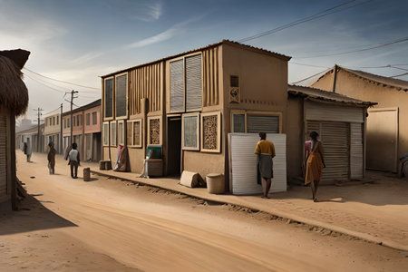 african township street facades, stalls and shop in a poor african villageの素材