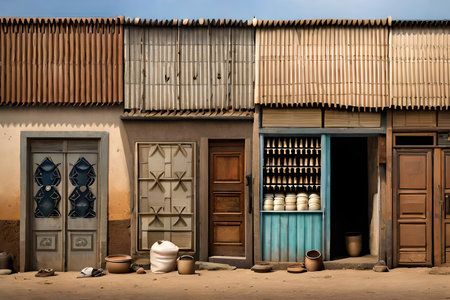 african township street facades, stalls and shop in a poor african villageの素材