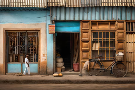 storefront boutique and people on the street in Bangladesh or India. poor city district, slum village atmosphere. dirty streets and weathered building facadesの素材
