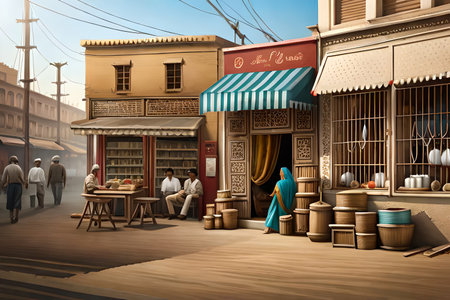 storefront boutique and people on the street in Bangladesh or India. poor city district, slum village atmosphere. dirty streets and weathered building facadesの素材