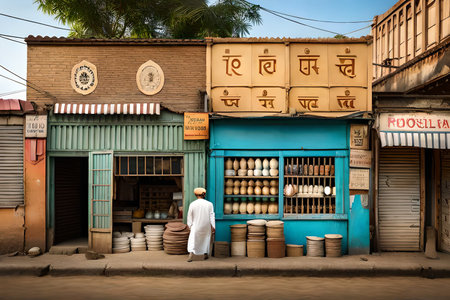 storefront boutique and people on the street in Bangladesh or India. poor city district, slum village atmosphere. dirty streets and weathered building facadesの素材