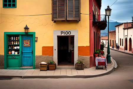 Colorful houses and storefront in south america. typical latin america building facades. 2d game design environmentの素材