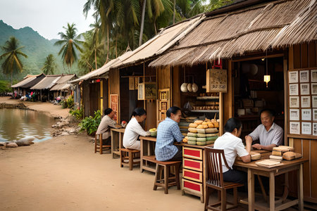A traditional small shop in the old town of a south east Asian town, typical Asian boutique facade. level design, game design, 2Dの素材