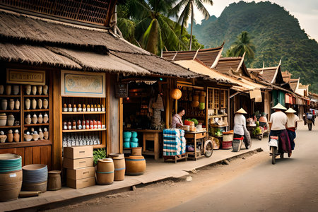 A traditional small shop in the old town of a south east Asian town, typical Asian boutique facade. level design, game design, 2Dの素材