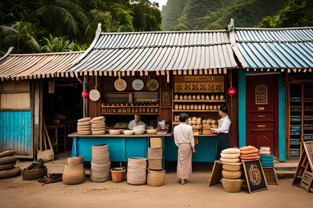 A traditional small shop in the old town of a south east Asian town, typical Asian boutique facade. level design, game design, 2Dの素材