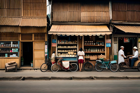 A traditional small shop in the old town of a south east Asian town, typical Asian boutique facade. level design, game design, 2Dの素材