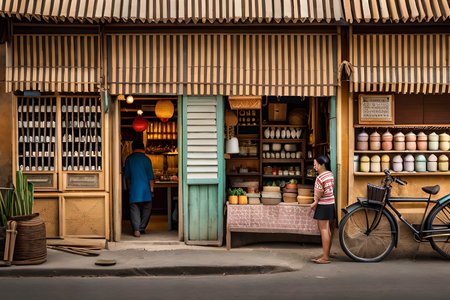 A traditional small shop in the old town of a south east Asian town, typical Asian boutique facade. level design, game design, 2Dの素材