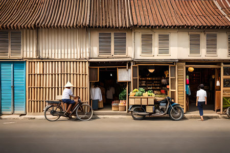 A traditional small shop in the old town of a south east Asian town, typical Asian boutique facade. level design, game design, 2Dの素材