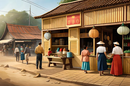 A traditional small shop in the old town of a south east Asian town, typical Asian boutique facade. level design, game design, 2Dの素材
