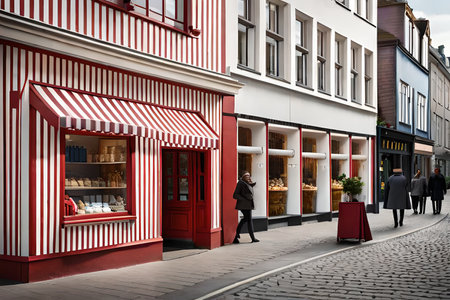 stylish and typical traditional scandinavian shop storefront, auropean boutique facadeの素材