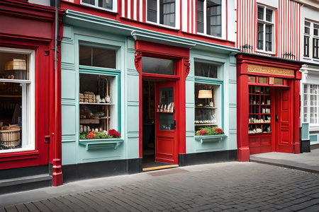 stylish and typical traditional scandinavian shop storefront, auropean boutique facadeの素材