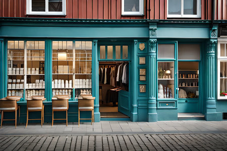 stylish and typical traditional scandinavian shop storefront, auropean boutique facadeの素材