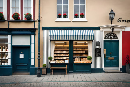 stylish and typical traditional scandinavian shop storefront, auropean boutique facadeの素材