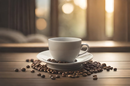 Coffee cup and coffee beans on wooden table in coffee shopの素材