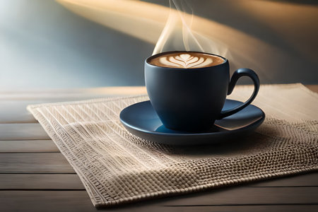 Cup of coffee with heart shape on wooden table with sunlight.の素材