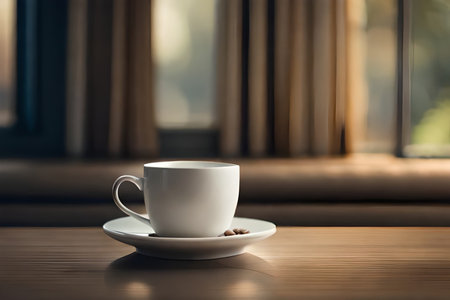 Coffee cup on wooden table in coffee shop with bokeh backgroundの素材