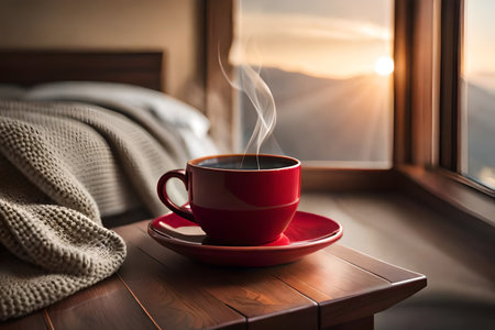 Cup of hot coffee on the windowsill in the morning.の素材