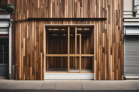 Wooden door and window in modern building. Architecture and design conceptの素材