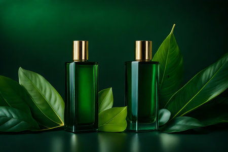 Two bottles of green perfume with green leaves on a dark background.の素材