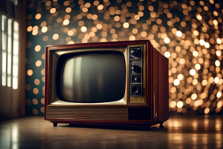 Vintage TV on the wooden floor with christmas lights background.の素材