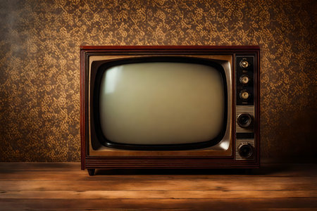 Vintage TV on a wooden table in front of a brown wallpaperの素材