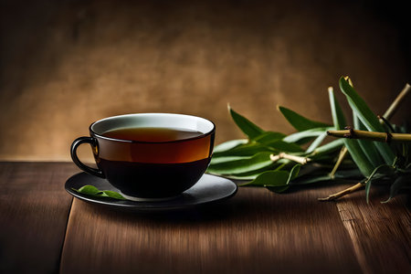 Cup of tea on a wooden table with green leaves in the backgroundの素材