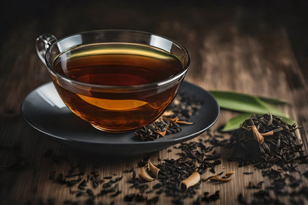 Black tea in a glass cup with dry tea leaves on wooden backgroundの素材
