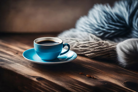 Cup of coffee on a wooden table with a woolen scarfの素材