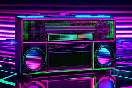 Retro boombox in neon light. Music concept background.の素材