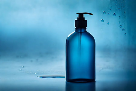 bottle of liquid soap on blue background with water drops and splashの素材