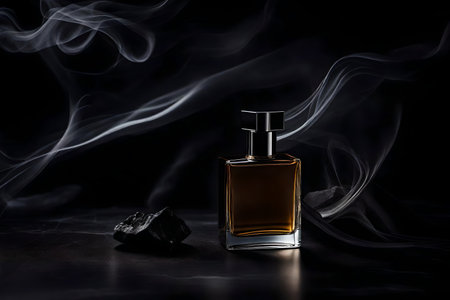 Bottle of perfume on a black background with smoke, close upの素材