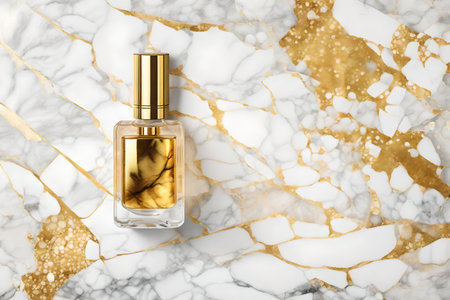 Bottle of perfume background, top view. Mockup for designの素材