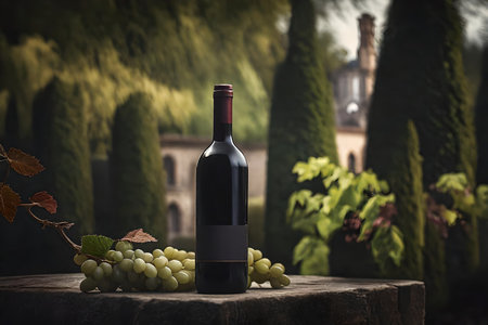 Wine bottle and grapes on a wooden table in a vineyardの素材