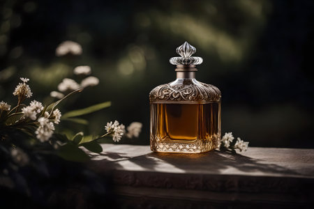 Bottle of perfume on the table in the garden. Selective focus.の素材