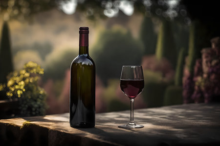 Red wine bottle and glass on wooden table with blurred vineyard backgroundの素材