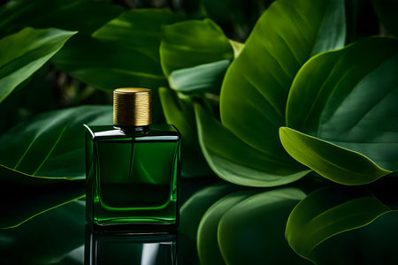 Bottle of perfume on green leaves background. Shallow depth of fieldの素材