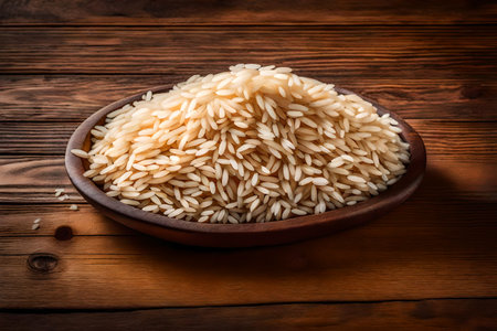 Raw brown rice in bowl on wooden background. Selective focus.の素材