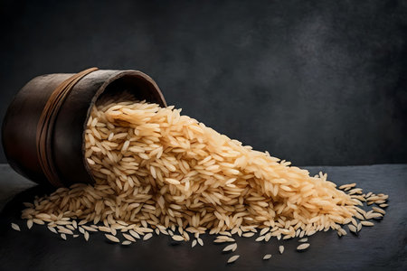 Uncooked long rice in a clay pot on a black background.の素材