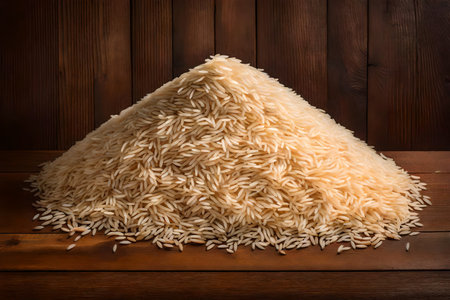 pile of rice on wooden background, top view, copy spaceの素材